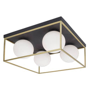 Juliet Deckenleuchte Messing, Schwarz mit vier Opalglaskugeln, moderne Nova Luce Deckenlampe für Esszimmer und Wohnzimmer