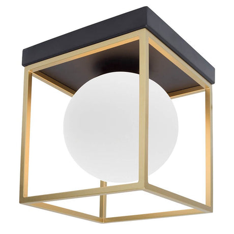 Plafonnier cubique Juliet en laiton, noir avec globe en verre opale et design moderne.