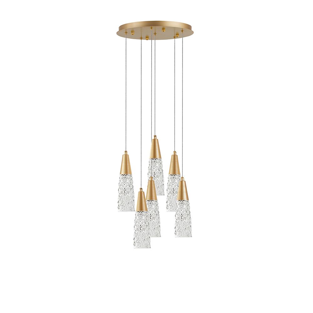 Kovac Pendelleuchte mit 6 hängenden Glaskörpern, goldenen Details und modernem Design für stilvolle Beleuchtung.
