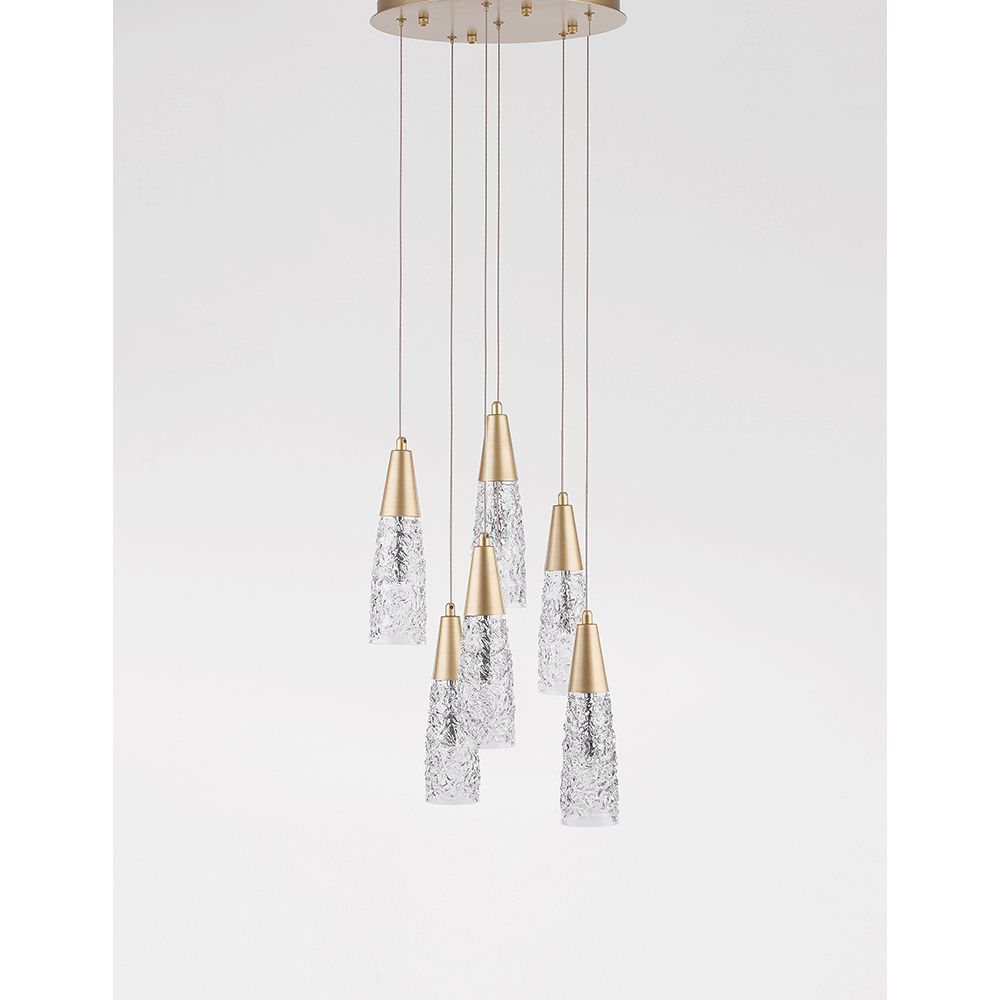 Kovac Pendelleuchte mit 6 hängenden Glaskörpern und goldenen Akzenten für modernes Wohndesign.