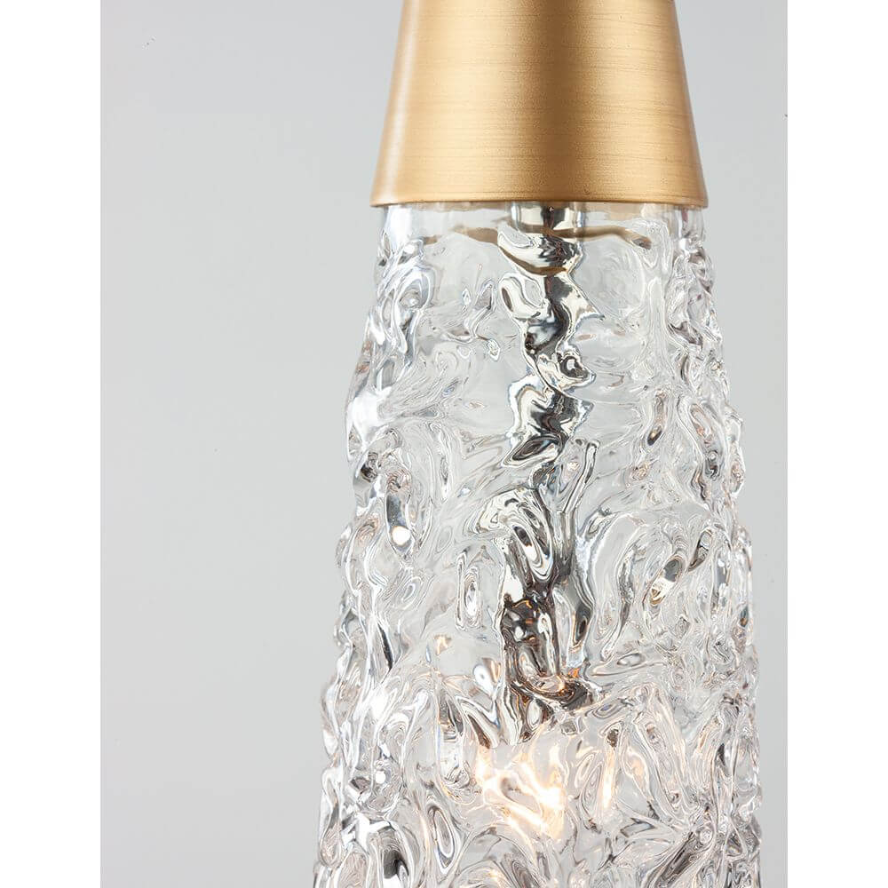 Nova Luce Kovac Pendellampe Stahl Gold mit einzigartigem Design aus klarem Glas und goldener Metallauffassung.