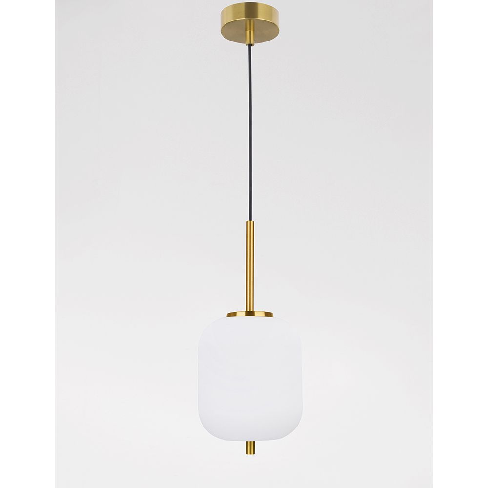 Moderne Lato Hängelampe in Gold und Weiß, ideal für Ess- oder Wohnzimmer, aus Glas und Metall gefertigt.