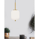 Moderne Lato Hängelampe in Gold und Weiß im stilvollen Wohnambiente, ideal für Ess- und Wohnzimmer.