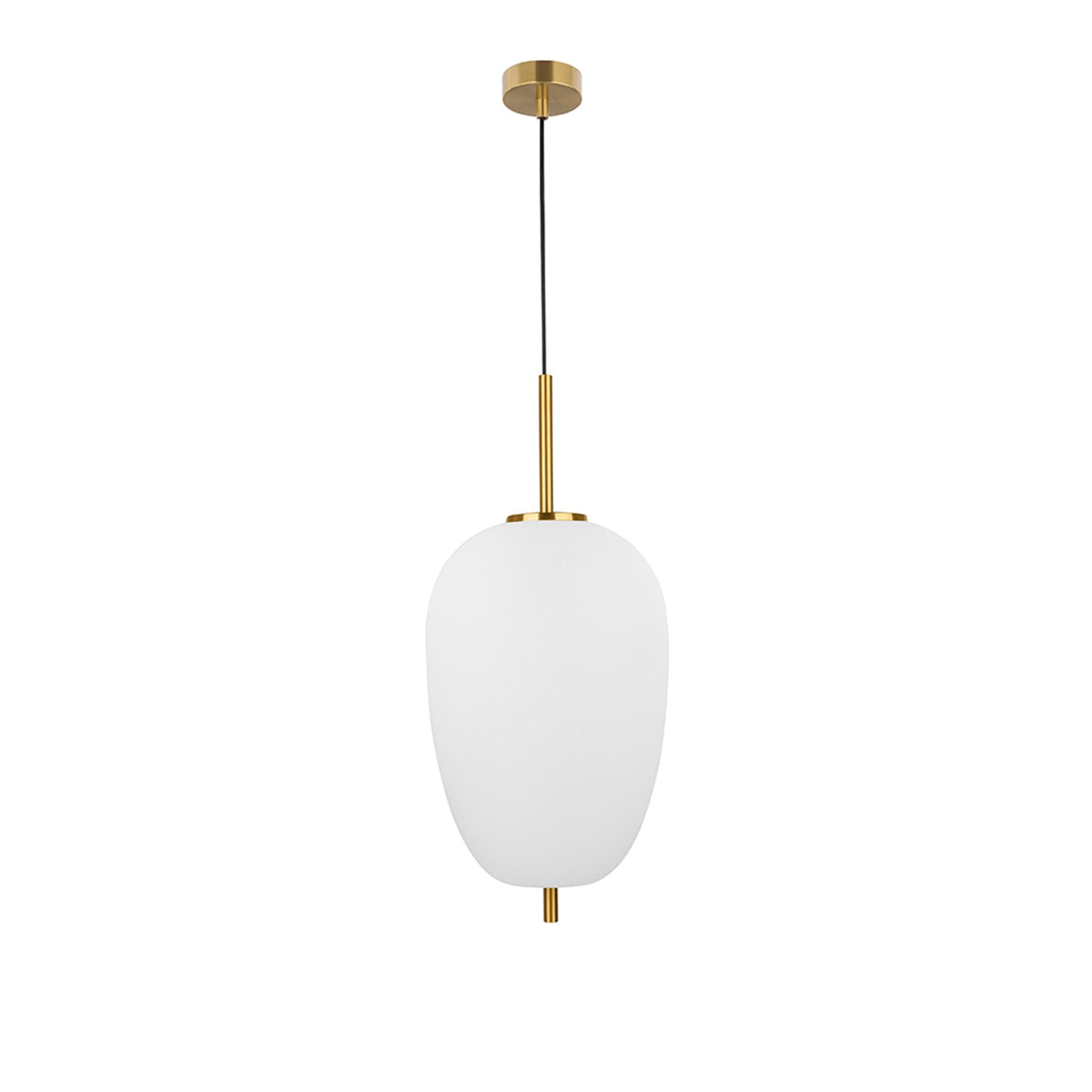 Nova Luce Lato pendant lamp with an opal-white glass body and brass accents, front view