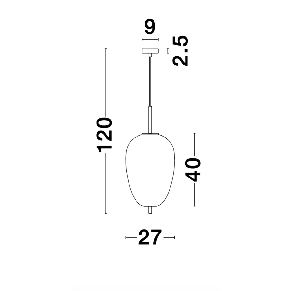 Nova Luce Lato pendant lamp with an oval opal-white shade, technical drawing with dimensions