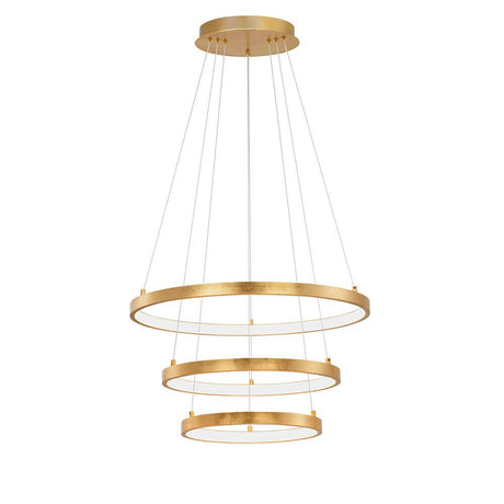 Leon LED pendant light 3 rings in a modern design with gold rings and white acrylic lights.