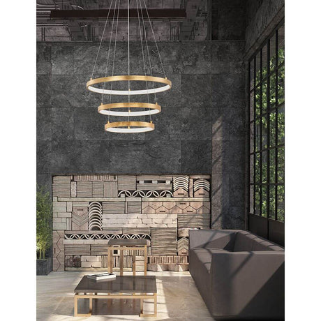 Leon LED pendant light 3 rings in a modern living room with elegant design and generous light diffusion.