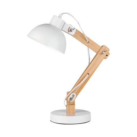 Purple table lamp wood metal with flexible arm made of natural wood and white lampshade.
