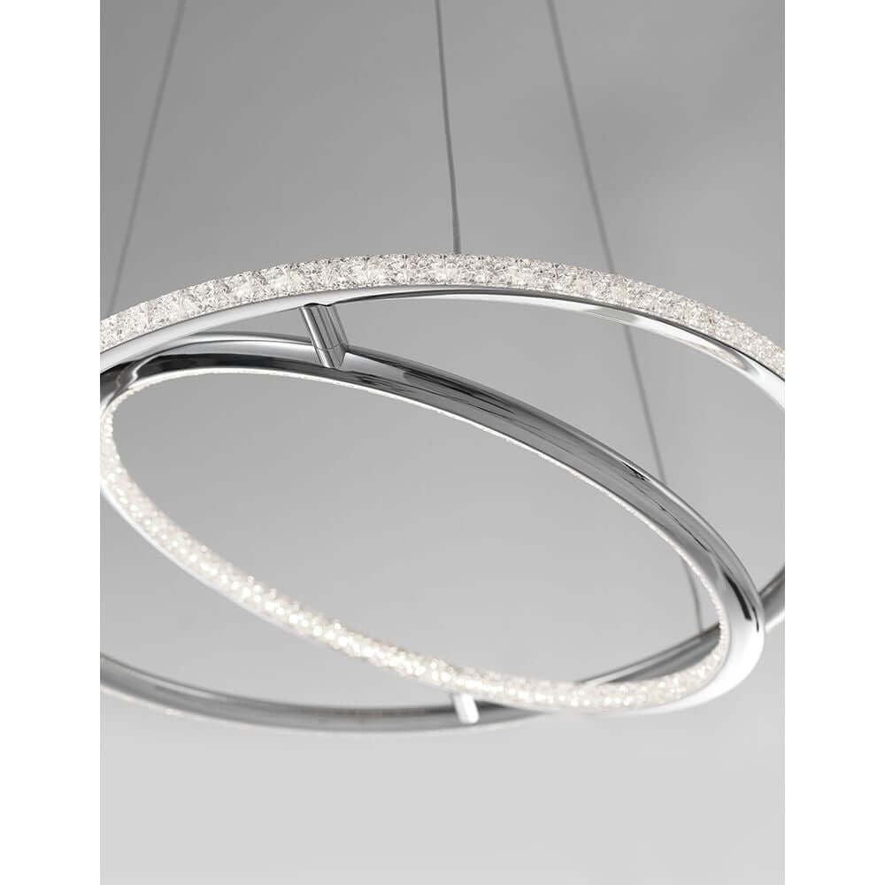 Livorno LED Hängeleuchte Ø 45cm Chrom mit eleganten, verstellbaren Chromringen und Kristalllichtstreuung.