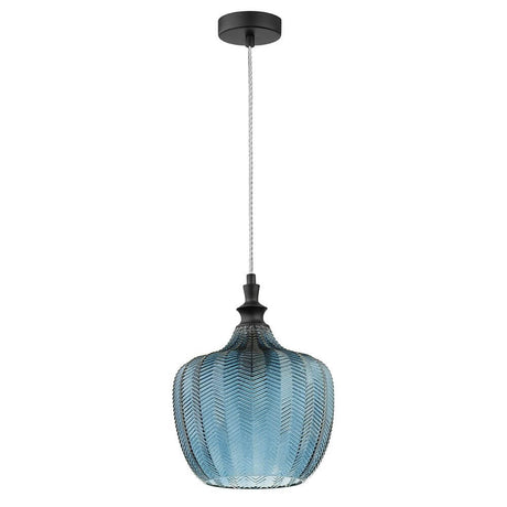Loni glaspendelampe med fargeskiftende finish i moderne design med blått glass og svart metall.
