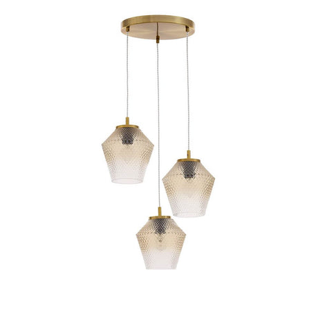 Magio Glas-Pendellampe 3-flammig Cognac mit drei hexagonalen Glaskörpern und goldfarbenem Deckenanschluss.