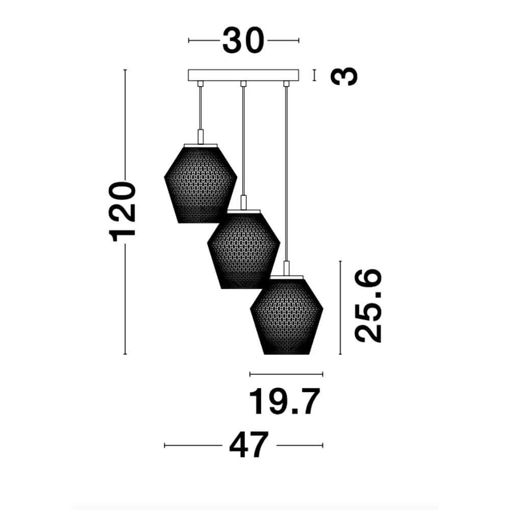 Maßzeichnung der Magio Glas-Pendellampe 3-flammig Cognac mit Abmessungen und Designdetails.