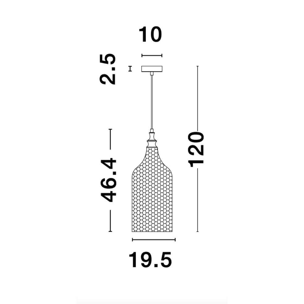 Technische Zeichnung der Marou Glas-Pendellampe Rauchfarben mit Maßen.