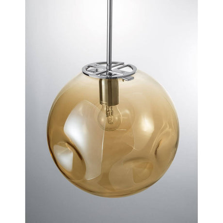 Lampe suspendue Mayan Ø 30 cm sphérique, verre avec coupole en verre couleur champagne et métal chromé.