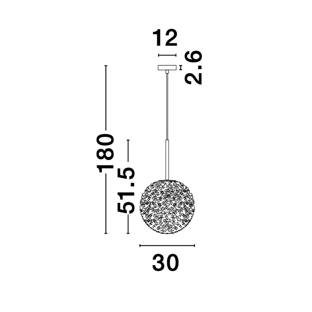 Maßzeichnung der Mirano Hängeleuchte aus Stahl und Glas, Höhe 180 cm, Durchmesser 30 cm.