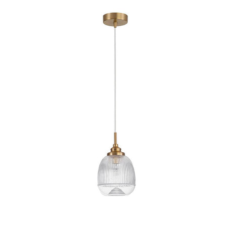 Mond Pendellampe Ø 15cm Glas Gold von Nova Luce mit gold-satiniertem Metall und klarem geripptem Glas