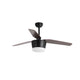 Moderner Deckenventilator Monsoon aus mattschwarz Edelstahl und Eichenholz mit LED-Beleuchtung und 5 Geschwindigkeiten.