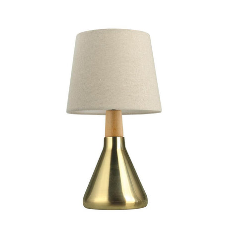 Montes Metall Tischlampe mit Textilschirm aus goldfarbenem Metall und beige Stoffschirm mit Holzdetail.