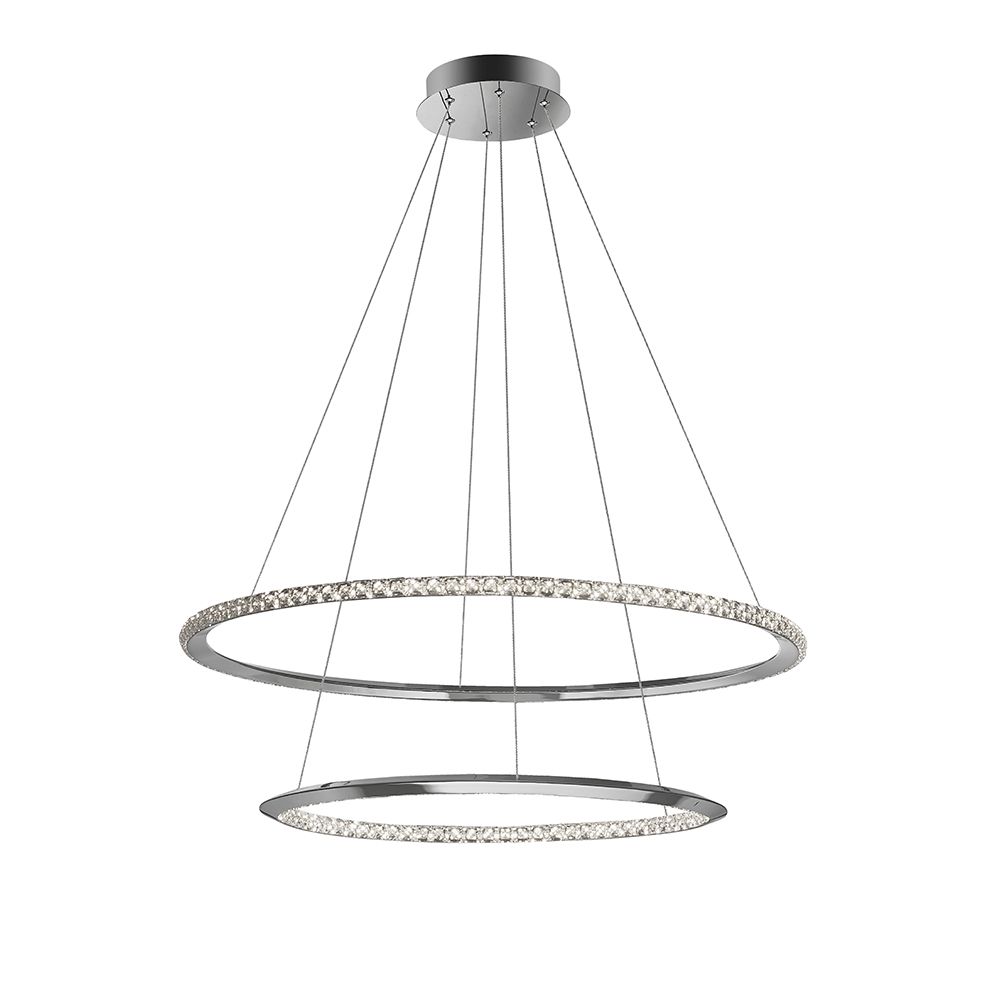 Netuno LED Kristall Hängelampe in Chrom mit zwei runden Ringen, Durchmesser 80 cm, stilvolles Lichtdesign.