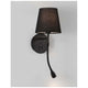 Nia Wandleuchte Metall mit LED Leselicht, moderne Wandlampe mit schwarzem Stoffschirm und verstellbarem Strahler.