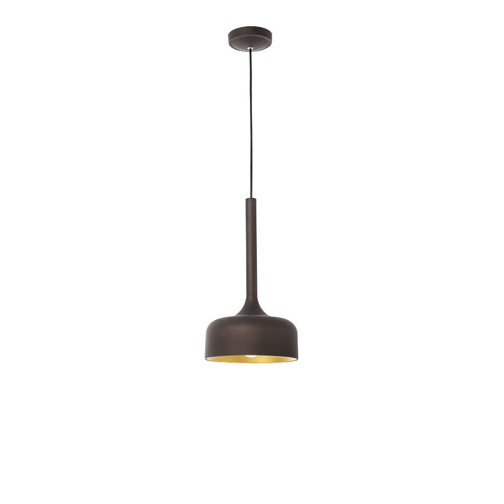 Nuorese Metall-Pendellampe in Braun mit goldener Innenseite, modernes Design für Ess- und Wohnzimmer.