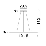 Technische Zeichnung der Oderick LED Hängelampe in Schwarz mit Maßen 28.5 cm x 182 cm x 101.6 cm.