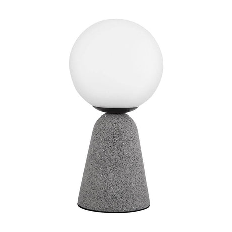 Orion table lamp in concrete with a white opal dome on a grey concrete base.