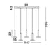 Palencia LED Hängelampe 5-flg. Reihung Gold technische Zeichnung mit Abmessungen 91cm x 150cm.