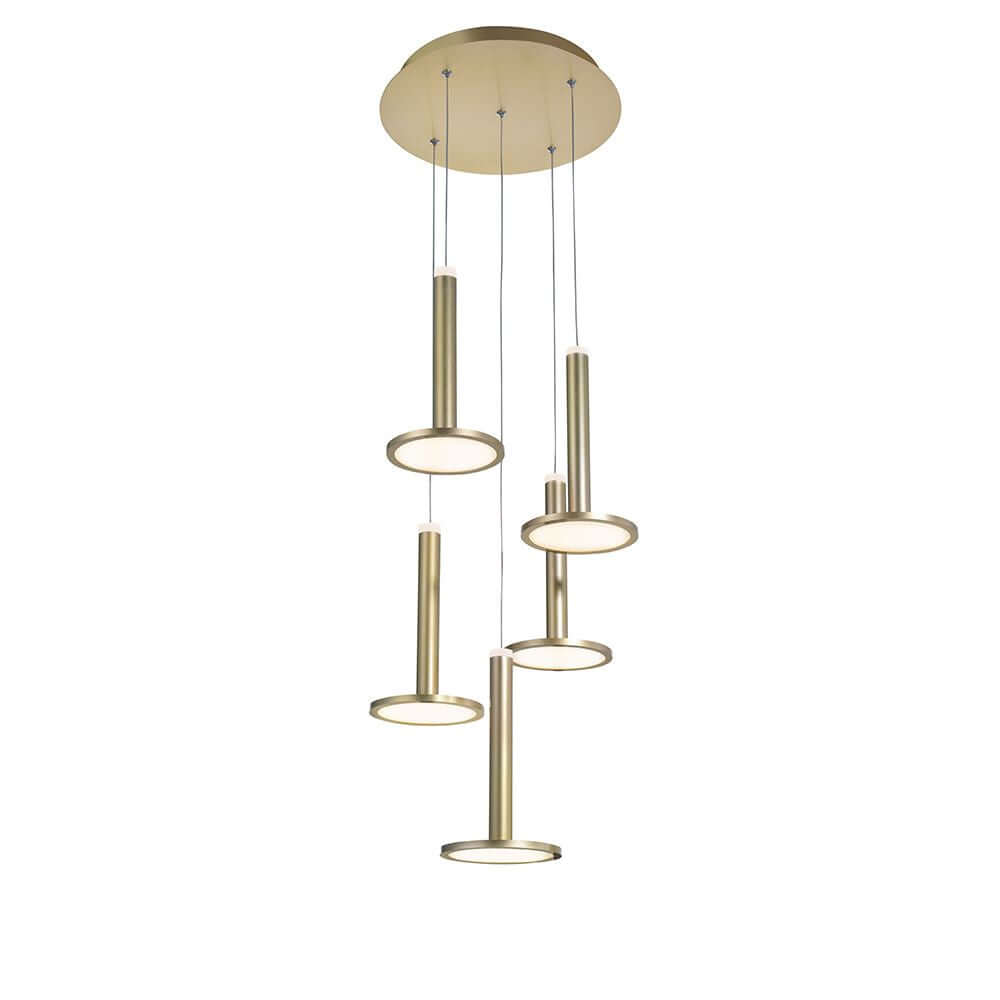 Palencia LED Pendelleuchte 5-flg. Runde Aufhängung mit fünf runden, goldenen Leuchten und modernem Design.