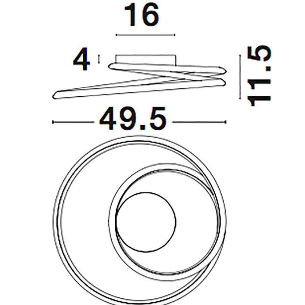 Produktdiagramm der Plasencia LED Deckenleuchte Chrom mit Abmessungen 16 cm, 49.5 cm, und 11.5 cm.