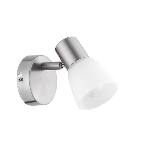 Publico Nickel Satin Wall Spot with adjustable spotlight and opal glass shade for pleasant light distribution.