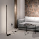 Schwarze Raccio LED-Stehlampe mit drehbarem Leuchtkopf in modernem Wohnzimmer neben Sofa und Tisch.