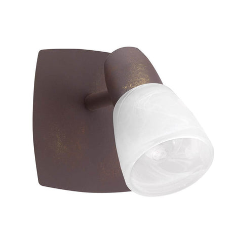 Reggio wall spotlight in rust color with rustic design and white alabaster glass for optimal light distribution.