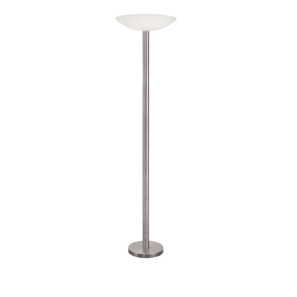 Rocco LED Stehlampe Metall Acryl mit satiniertem Nickel-Finish und weißem Glas, moderne Stehleuchte für Wohnzimmer.