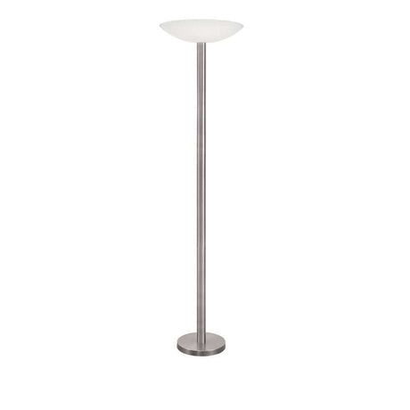Rocco LED-gulvlampe i metall og akryl med sateng nikkel-finish og hvitt glass, moderne gulvlampe for stue.