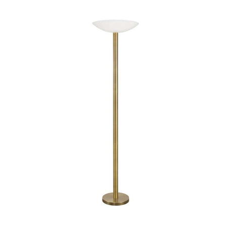 Rocco LED-gulvlampe i metall og akryl i elegant design med hvitt glass og gullfarget metallfot.