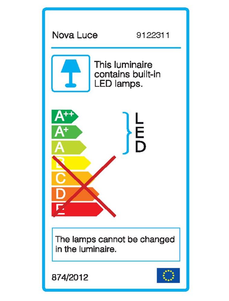 Energieeffizienzlabel für Nova Luce Lampe mit integrierten LED-Lampen, zeigt nicht wechselbare Lampen.