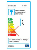 Energieeffizienzlabel für Nova Luce Lampe mit integrierten LED-Lampen, zeigt nicht wechselbare Lampen.
