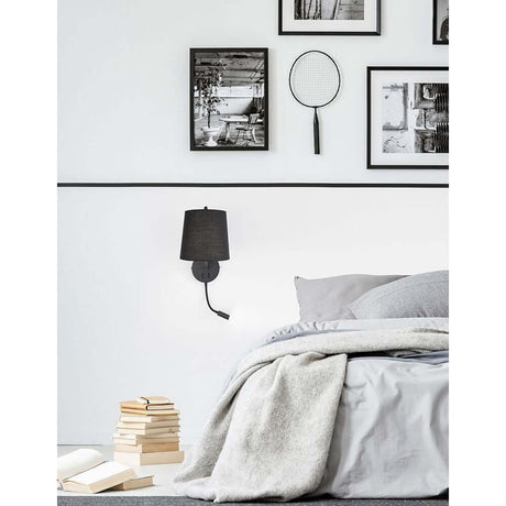 Sage lampe de chevet et applique murale avec éclairage de lecture LED au mur du lit, abat-jour en tissu noir, bras de lecture et chambre à coucher moderne