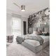 Modernes Schlafzimmer mit Satin LED Ventilator in gebürstetem Nickel, stilvoller Einrichtung und grauem Farbton.