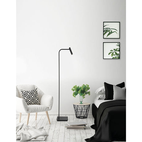 Nova Luce Sicily LED regulowana lampa podłogowa w kolorze czarnym z wygiętym ramieniem w nowoczesnej sypialni