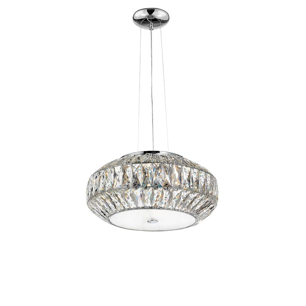 Moderne Valence Hängelampe in Chrom und Kristall, elegante Pendelleuchte für Wohnzimmer oder Essbereich.