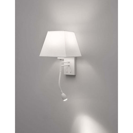 Valencia væglampe med LED Læselampe, stilfuld væglampe med hvid stofskærm og justerbar spotlight.