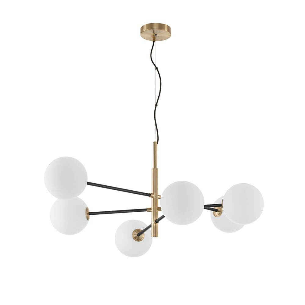Vitra Hängeleuchte 6-flg. Gold, Weiß – moderne Pendelleuchte mit gold-satiniertem Metall und mattweißen Glaskugeln, 6-flammig, G9-Fassungen