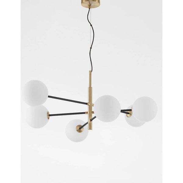 Vitra Hängeleuchte 6-flg. Gold, Weiß: elegante Pendelleuchte mit gold-satinierten Metallelementen und mattweißen Glaskugeln