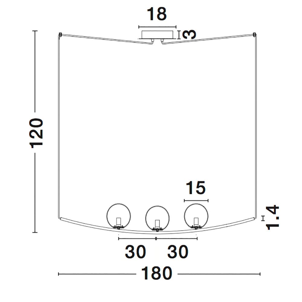 Technische Zeichnung der Vitton Hängelampe 3-flammig, Maße in cm, modernes Design aus Messing und Weiß.