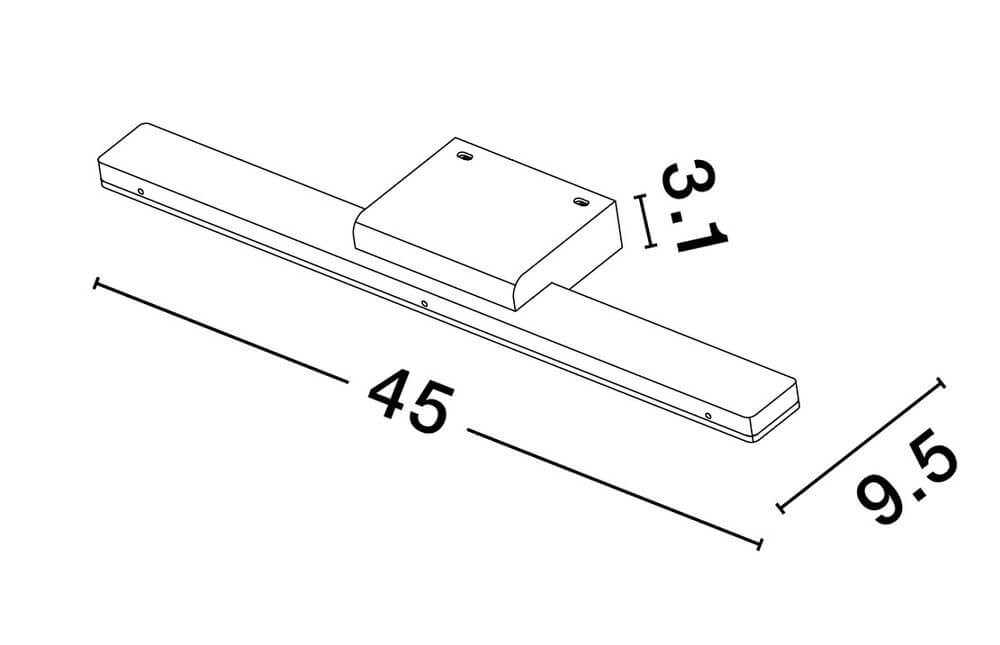 Maßzeichnung der Nyx LED Wandleuchte 3000K IP44 mit Abmessungen 45 cm x 9,5 cm x 3,1 cm.