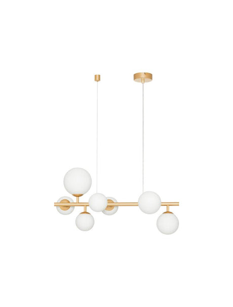 Odillia pendel G9 7-pære med opalglas og mat guld metaloverflade.