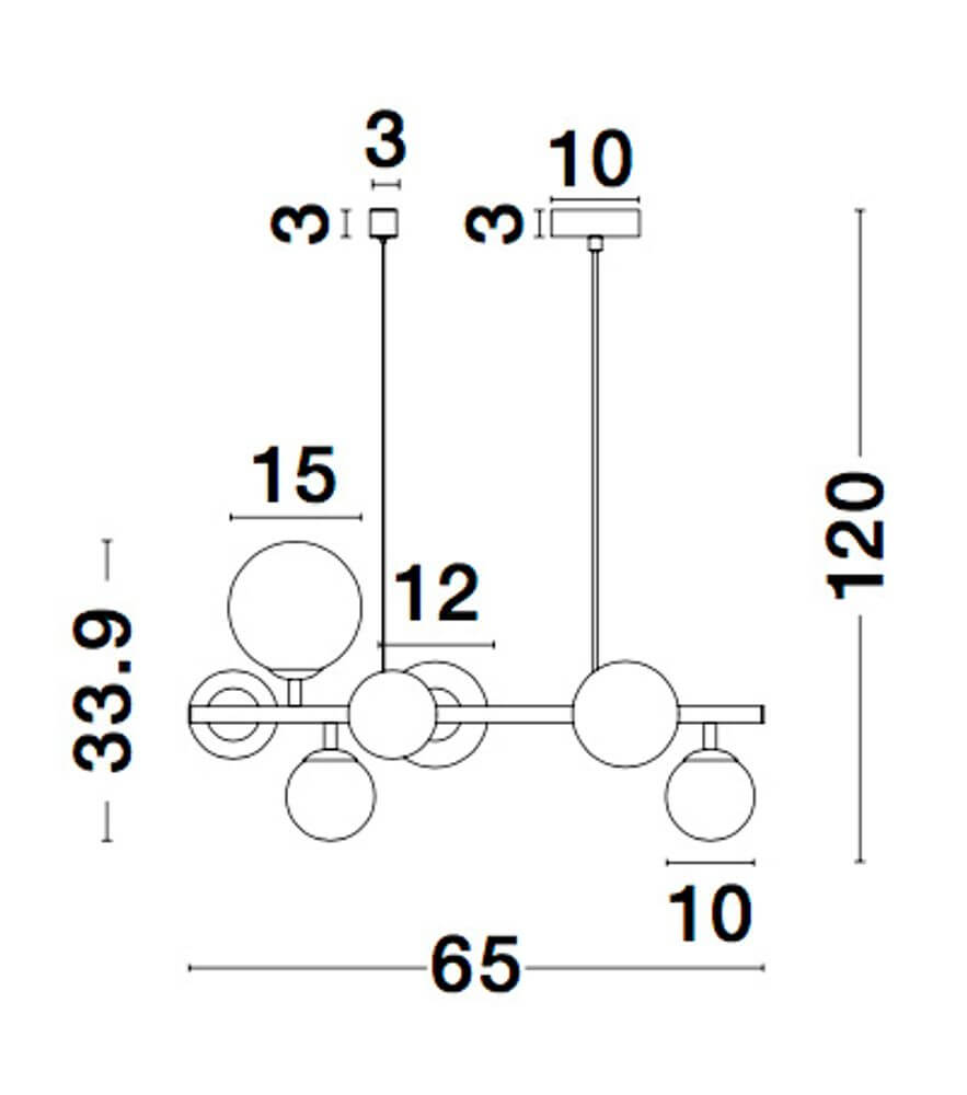 Technische Zeichnung der Odillia Pendelleuchte G9 7-flammig mit Maßen und Details zum Design.