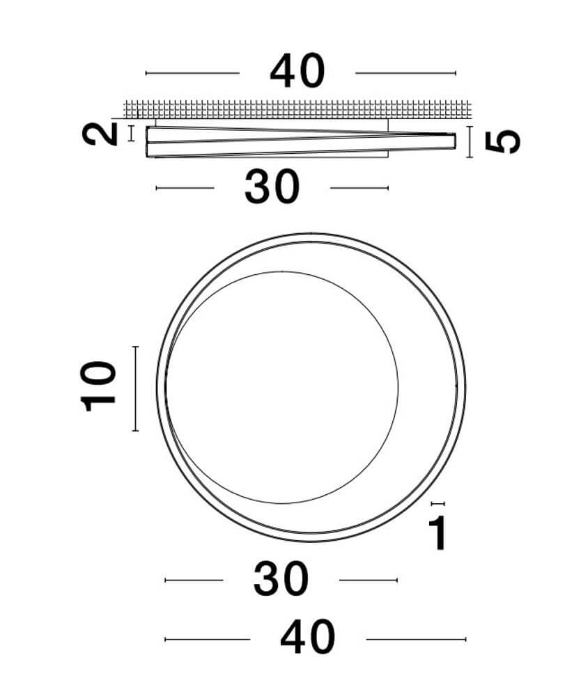 Technische Zeichnung der Odrey LED Deckenleuchte Ø 40cm 3000K mit Abmessungen und Details.